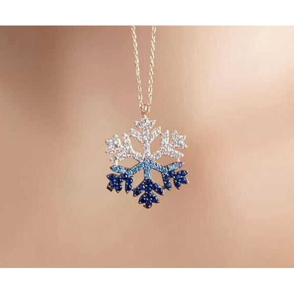 TAAPSEE JEWELS 14K Yellow Gold Plated Round Cut Sapphhire & Diamond Snowflake Pendant Chain