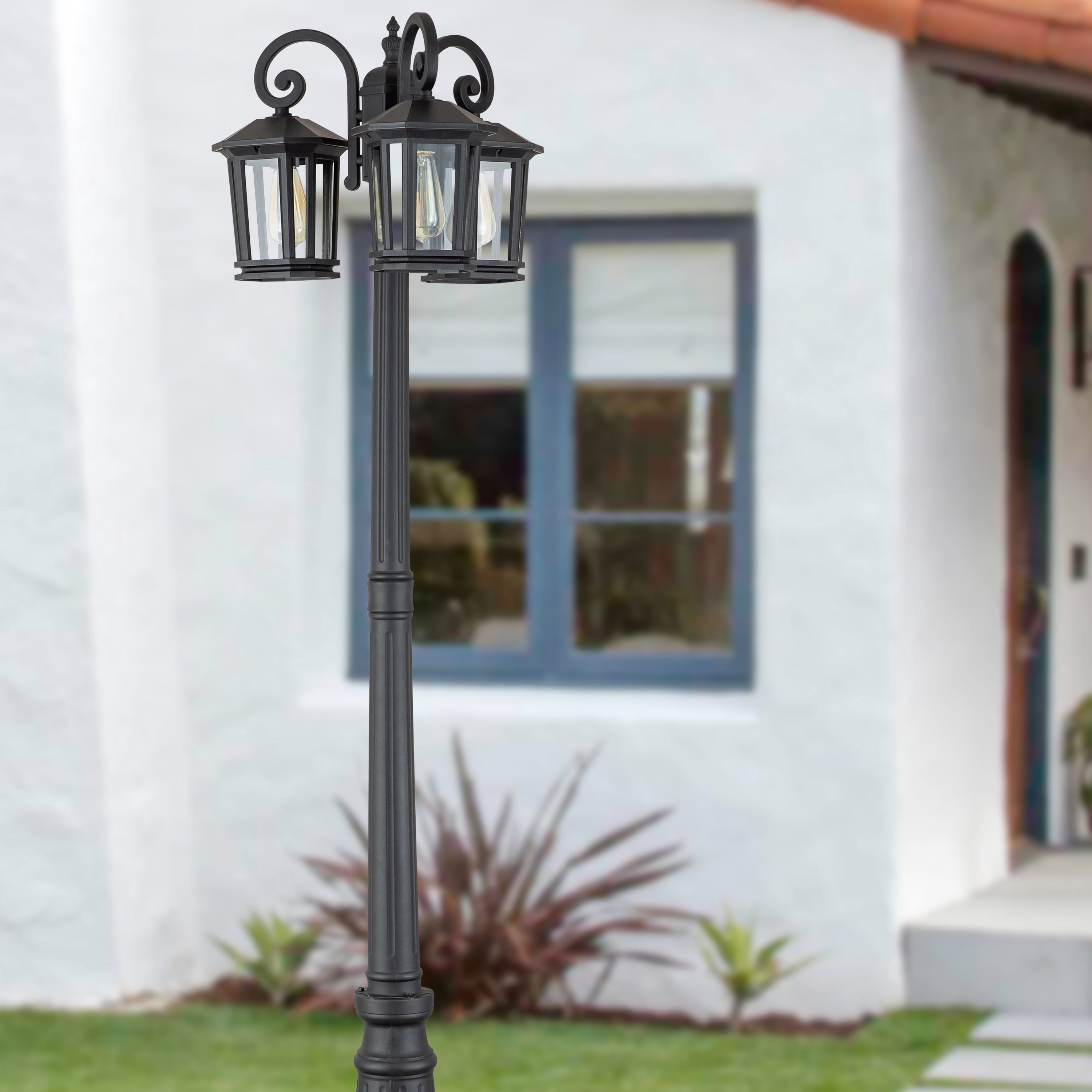 C Cattleya 76 in. 3-Head Black Outdoor Post Light with Clear Tempered Glass(E26)
