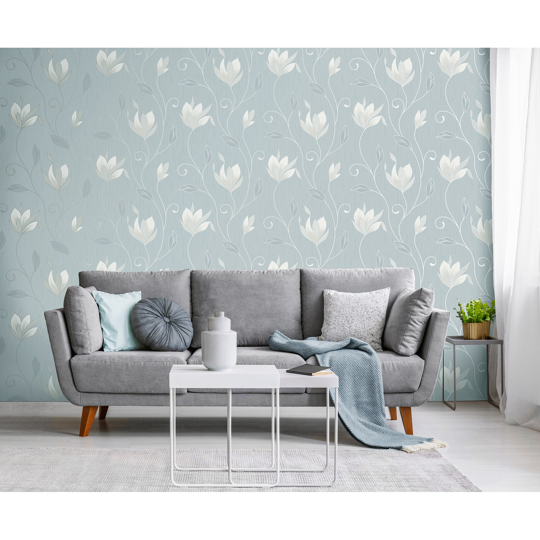 Fine Decor Synergy Light Blue Floral Wallpaper, 20.5-in by 33-ft