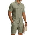 thumbnail image 2 of Men'S Short Sleeve Solid Color Workwear Button Down Shirt With Multiple Pockets And Cargo Shorts Set For Summer Casual Wear,Army Green,L, 2 of 6