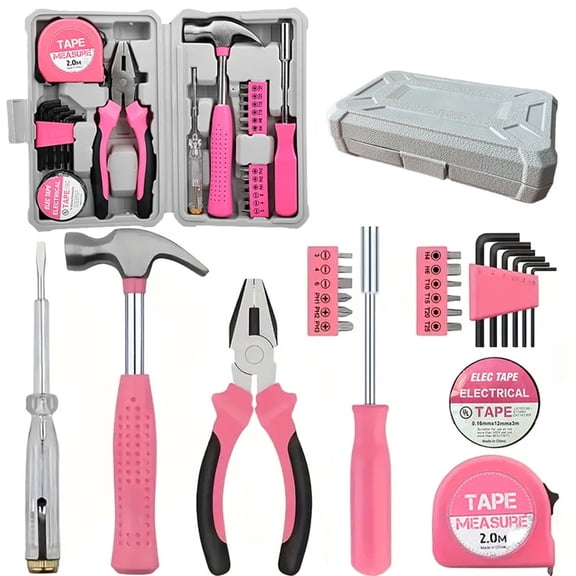 24pcs Pink Household Hand Tool Set for Women, Repair Kit with Small Storage Box, Ideal for Home DIY and Daily