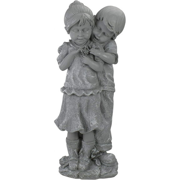 19.5" Gray Boy Hugging Girl Outdoor Garden Statue