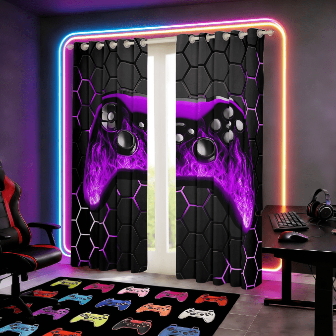 Manfei Neon Gamepad Curtains and Drapes (38x45),Modern Geometric Honeycomb Blackout Curtains for Bedroom,Pueple Black Curtains Pack of 2 (38x45) For Boys Kids,Super Cozy Bedroom Decor