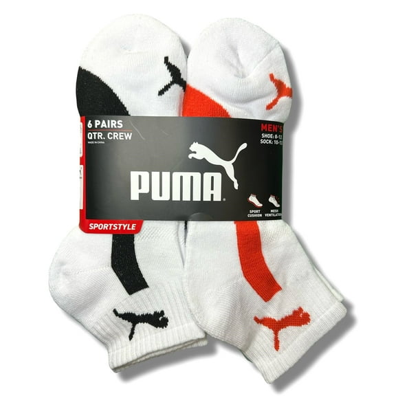 PUMA SOCKS MEN'S - QUARTER CUT - PIPE 253 - WHITE RED - LARGE (10-13) PACK 6 XX