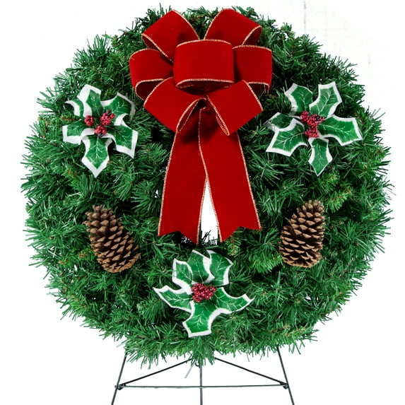 Sympathy Silks Christmas Memorial-Wreath Decoration - Holly & Pinecones with Hand-Tied Red Velvet Bow on 30 Inch Easel - Artificial Greenery Wreath - Fade Resistant