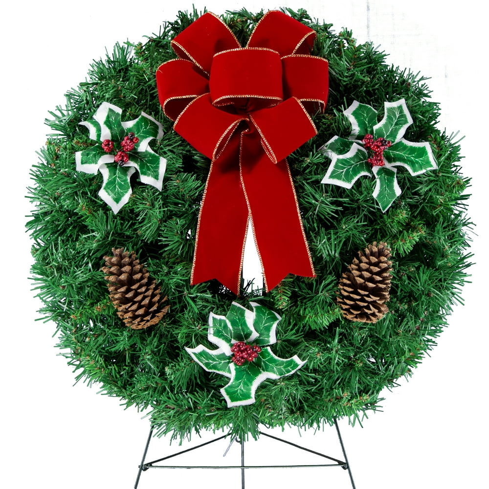 Sympathy Silks Christmas MemorialWreath Decoration Holly & Pinecones