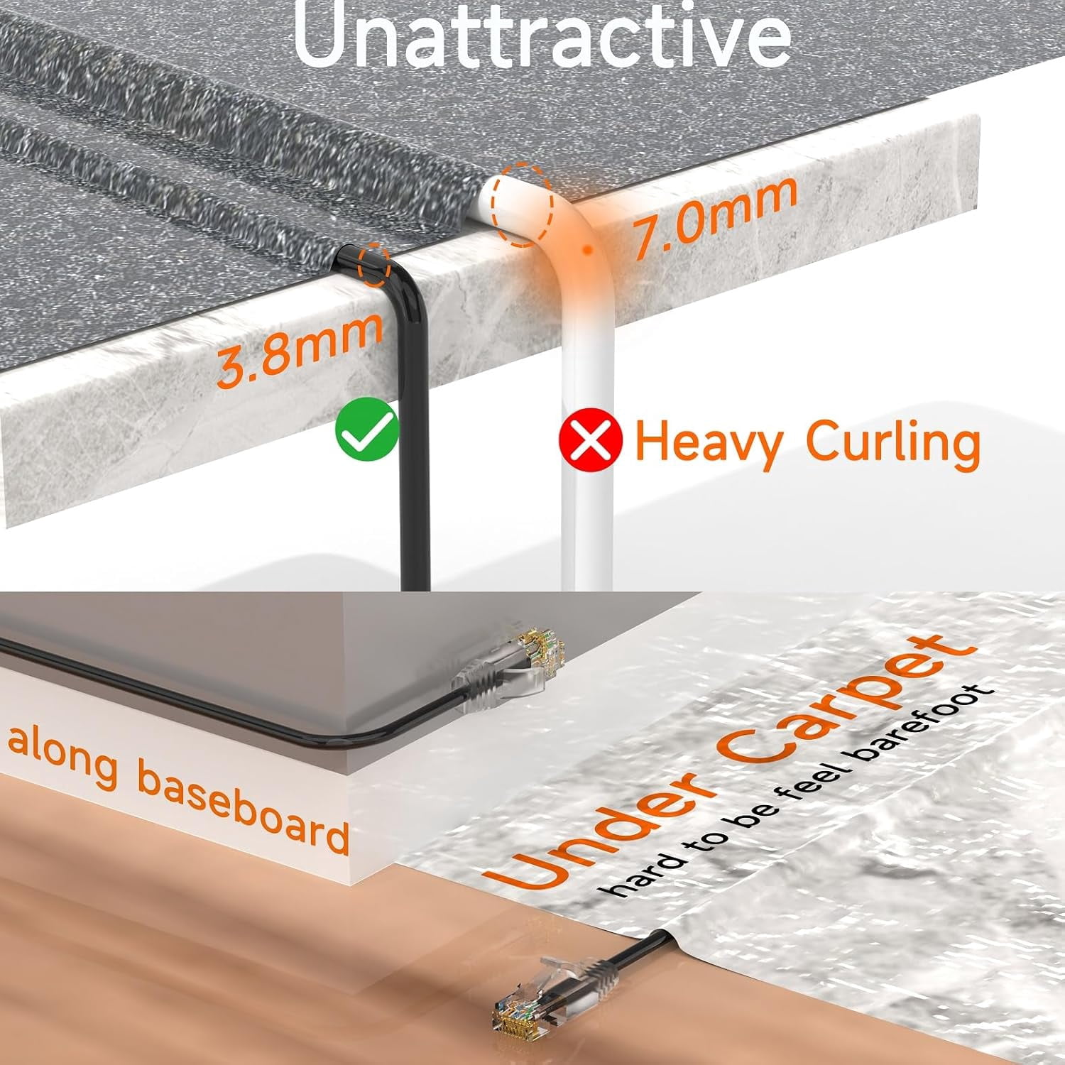 XUERUI-Cat6a Slim Ethernet Patch Cable 150ft Outdoor & Indoor, Flexible 10G Cat6 Internet Network Cable Waterproof LLDPE UV Jacket, Pure Copper Cat 6 Ethernet Cable for POE, Black