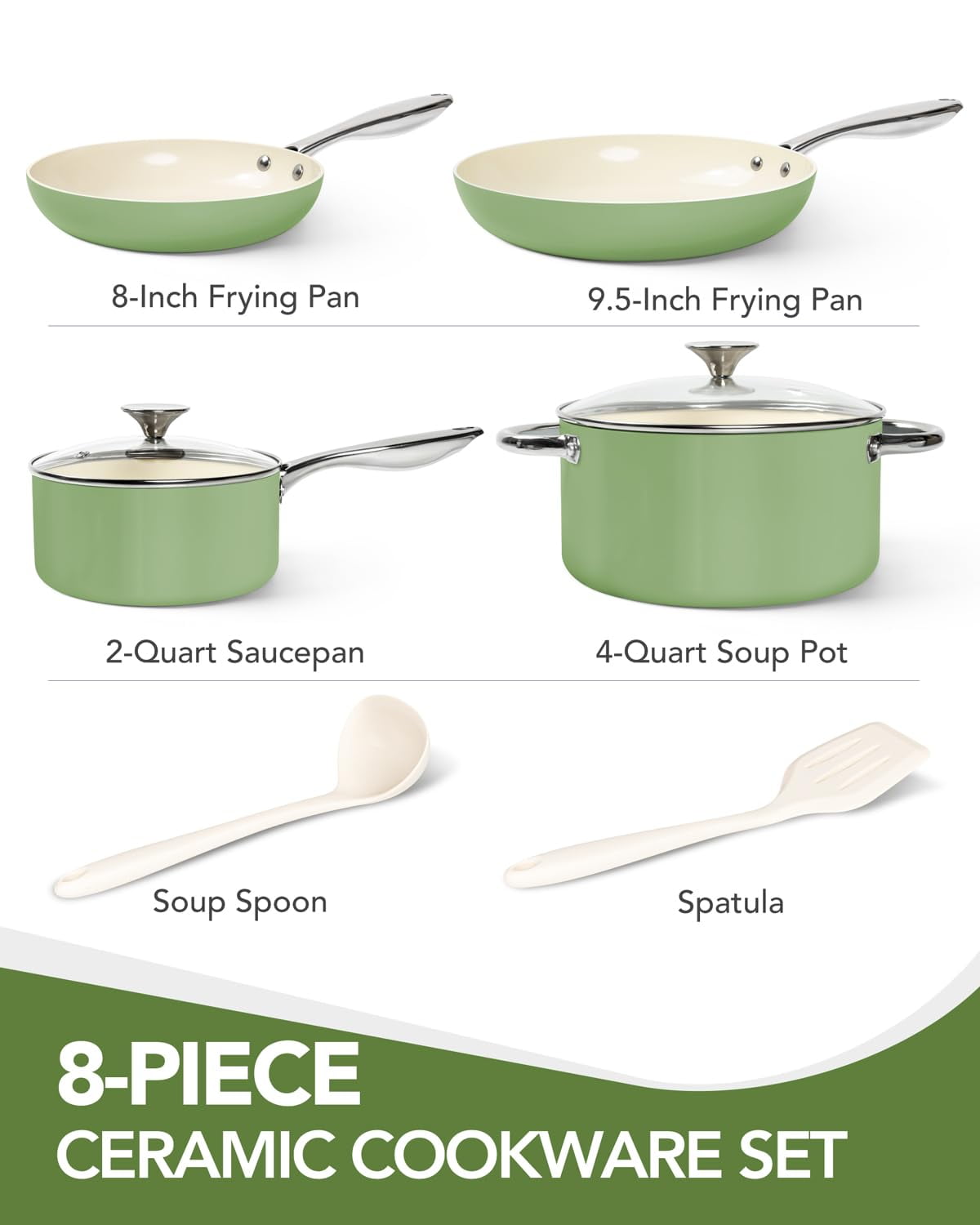 MICHELANGELO Pots and Pans Set Non Stick - Ceramic Cookware Set, 8-Pcs Nonstick Pots and Pans with Ergonomic Handle, Dishwasher Safe & Induction Compatible, Green