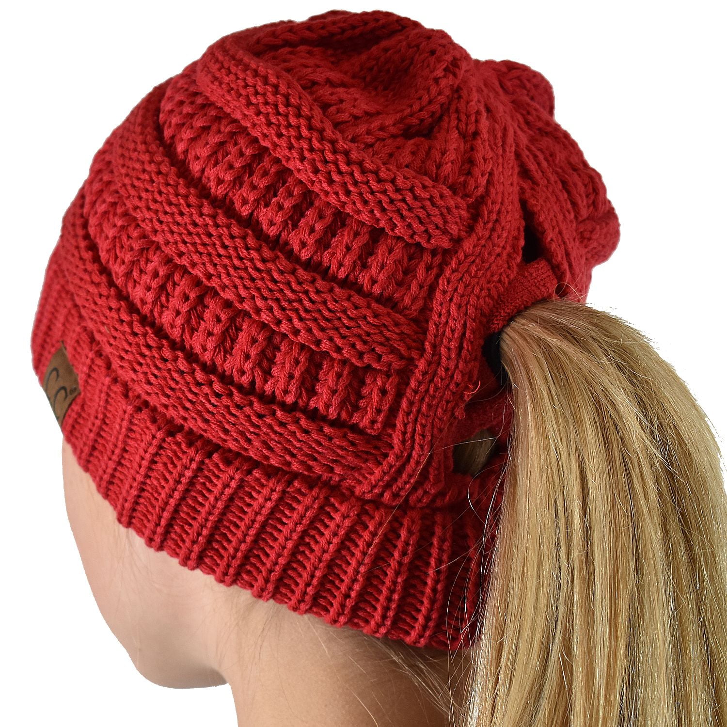 MB-20A CCB-1 C.C Exclusives Soft Stretch Cable Knit Messy Bun Ponytail Beanie Winter Hat for Women 