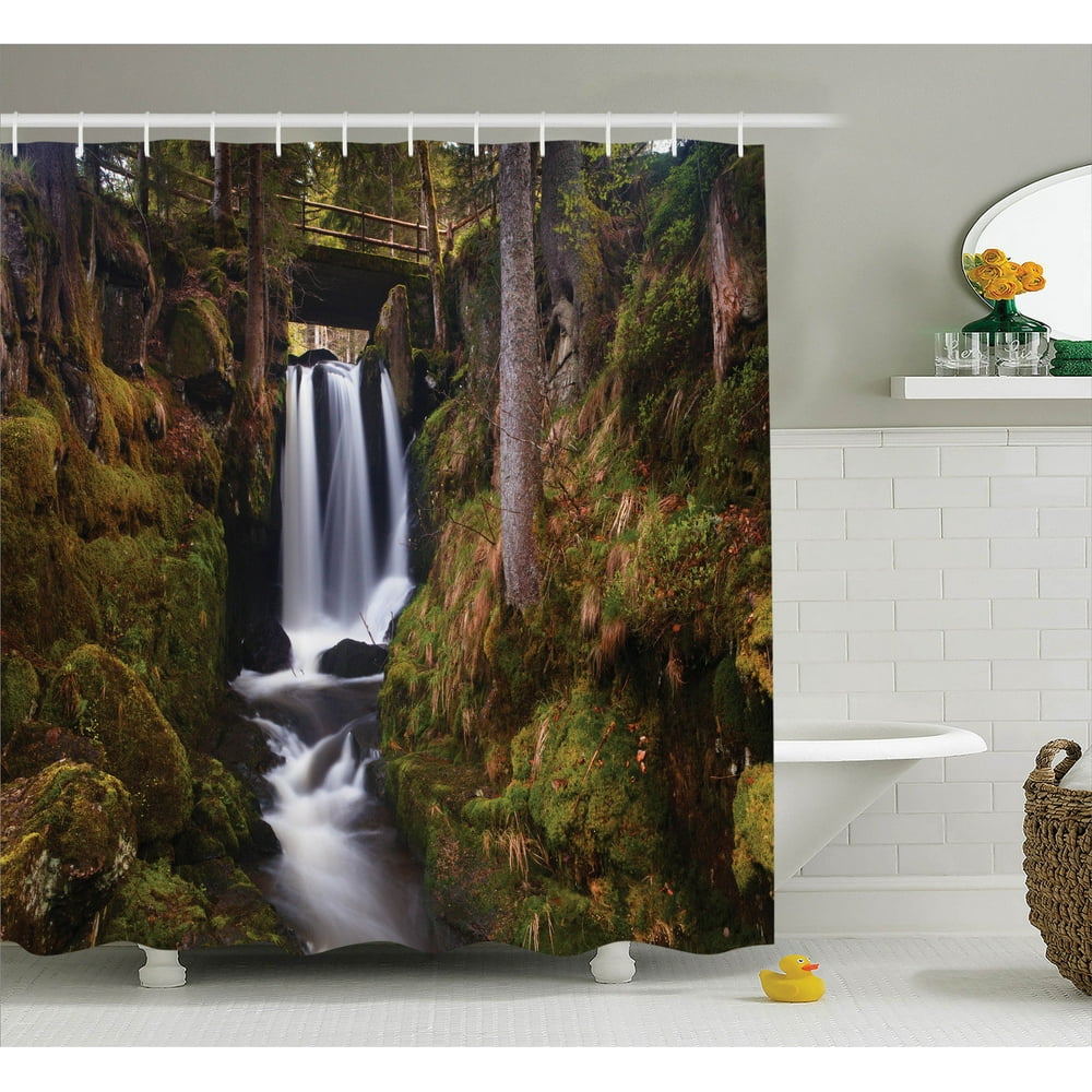 Natural Waterfall Decor Shower Curtain Set, Magical Waterfall Under Old Wooden Bridge In Forest