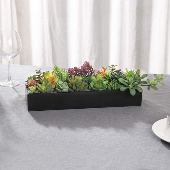 Artificial Succulent Centerpiece, 15.75 Inch  in Black Wooden Planter