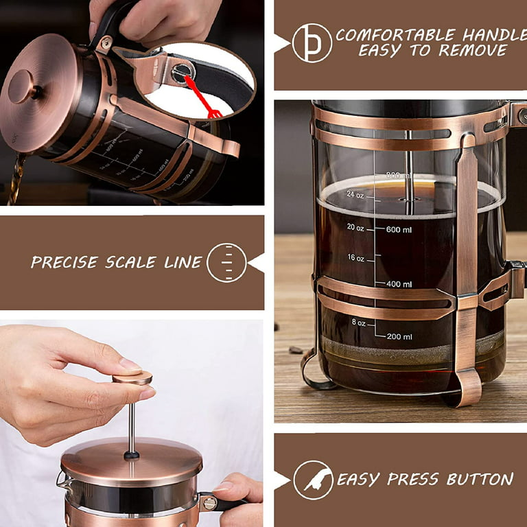 YMMIND French Press Coffee Maker 304 Stainless Steel Coffee Press,with 4  Filters System, Heat Resistant Thickness Borosilicate French Press Glass