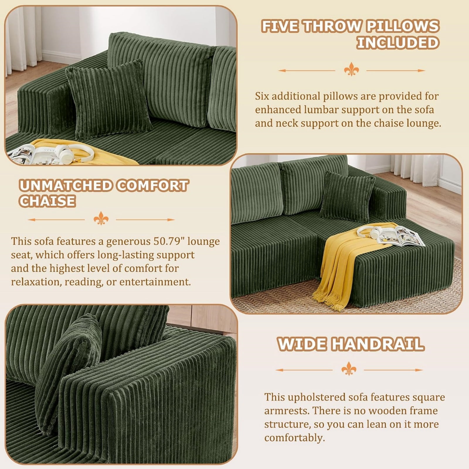 U Shape Modular Sectional Sofa with Chaise, Modern Minimalist Corduroy Couch with Sleeper Design, Comfy Space-Efficient Modular Sofa Set for Living Room, Apartment