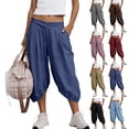 thumbnail image 2 of Yuanlook Women's Linen Cotton Balloon Capri Pants, Vacation Casual Cropped Trousers with Crossover Waist & Relaxed Fit, S-XXL, 2 of 8