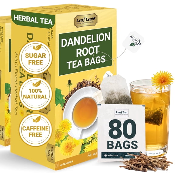 LeafLea Dandelion Tea Bags, All Natural and Pure Dandelion Root Tea, Caffeine-Free, Vegan, No Sugar, Gluten-Free, Non-GMO, 80 Individually Wrapped Tea Bags