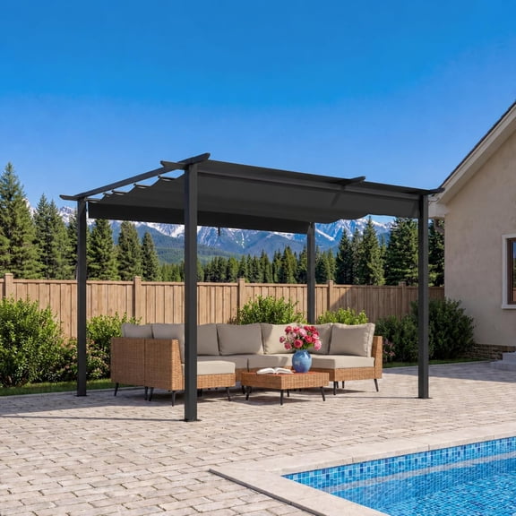 KamerOut Retractable Pergola 10' x 10' Aluminum, Outdoor Heavy-Duty Metal Patio Pergola with Sun Shade Canopy, Waterproof Shelter for Garden, Backyard, Deck, Porch, Grey