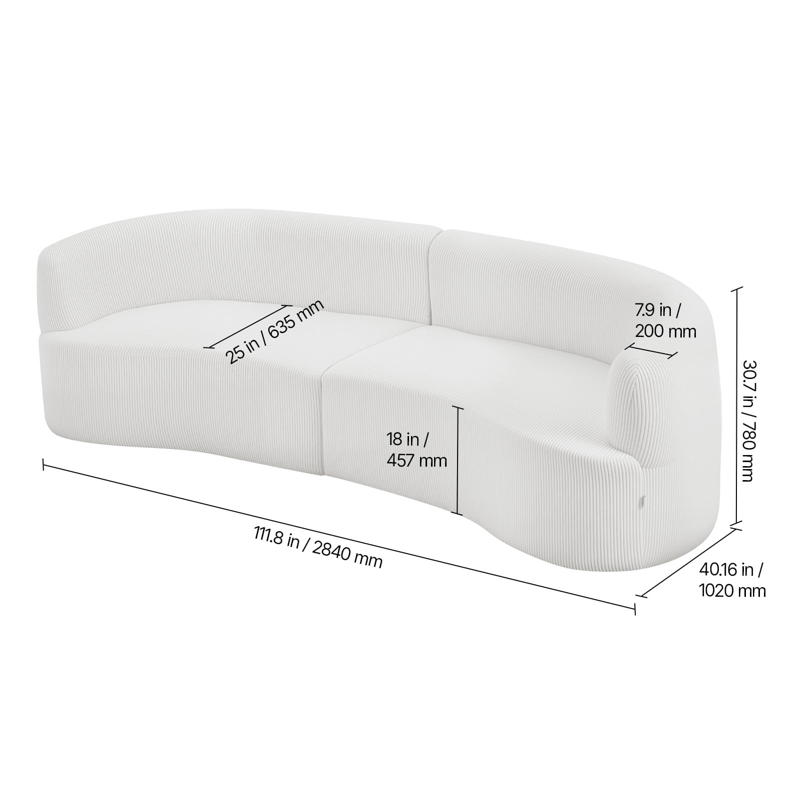 KFFKFF Luxury Modern Cloud-Inspired Plush Sectional Sofa, 112" Curved Modular Couch with 4 Pillows - Oversized Deep Seat Corduroy Upholstery for Living Room, Apartment, Office, Ready to Use, White