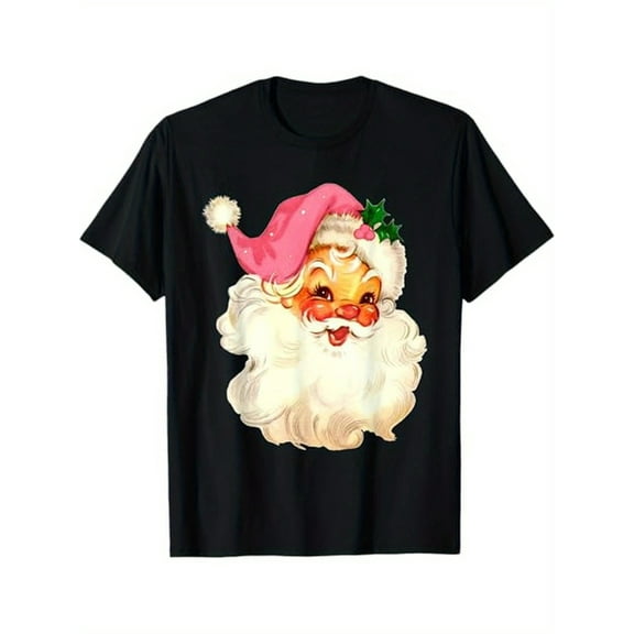 Seasonal Clothing| Vintage Santa Claus Print T-Shirt, 100% Cotton Crew Neck Tee, Christmas Graphic Top, All-Season Knit Fabric, Regular Fit - Black, Christmas Clothes