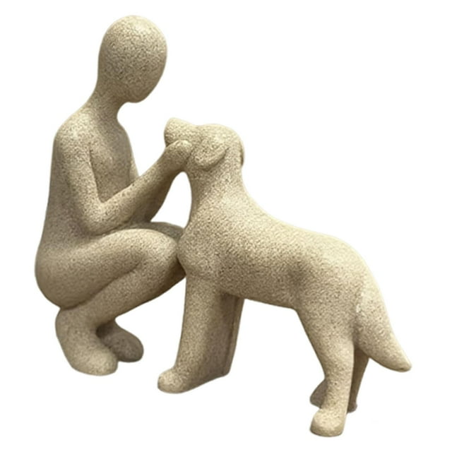 Escultura de resina de hombre y perro, conmovedora decoración del hogar para estantería. Beige