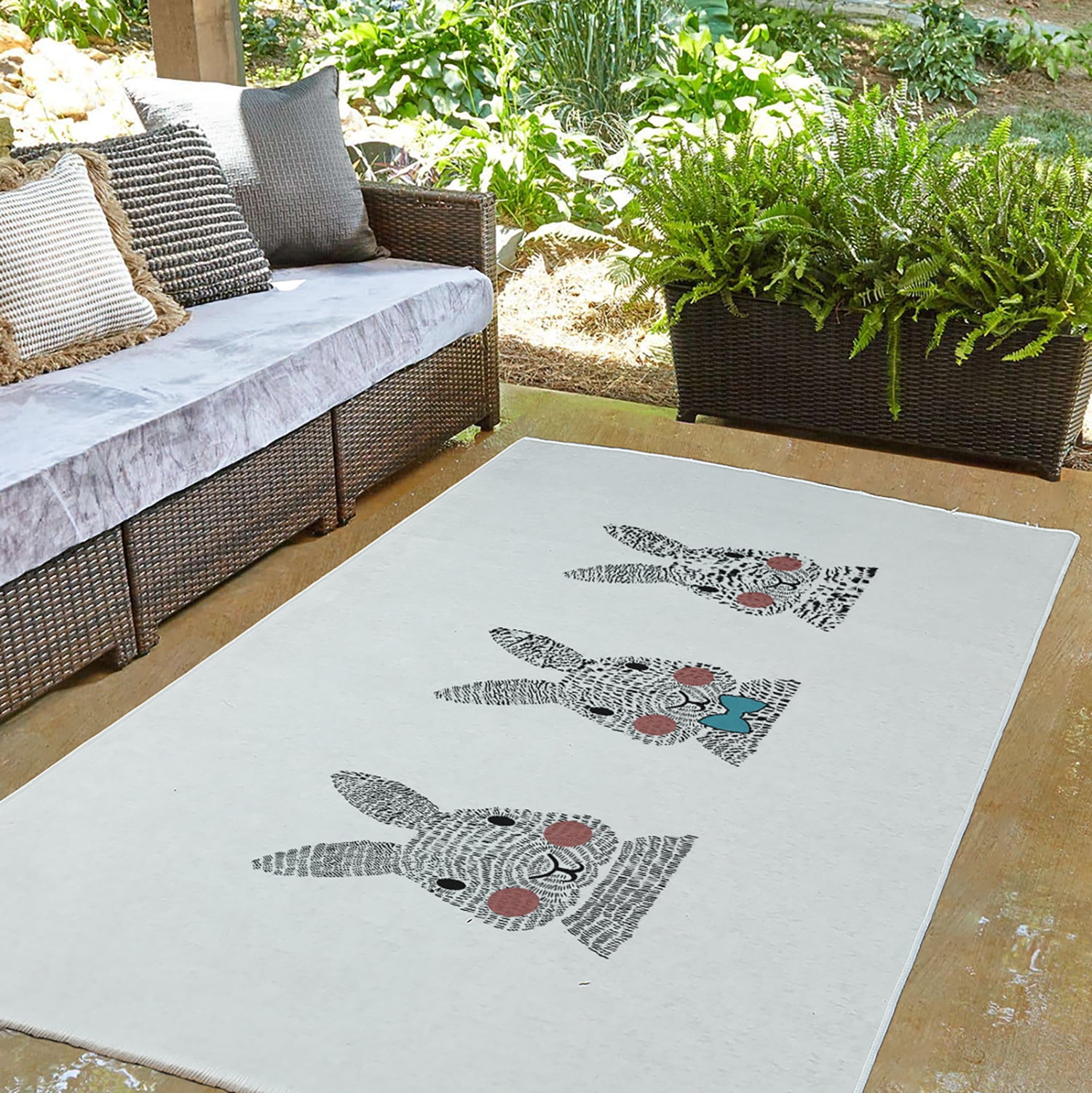 Simply Daisy 3' x 5' Explorer Blue Bunny Triplets Easter Chenille Indoor/Outdoor Rug