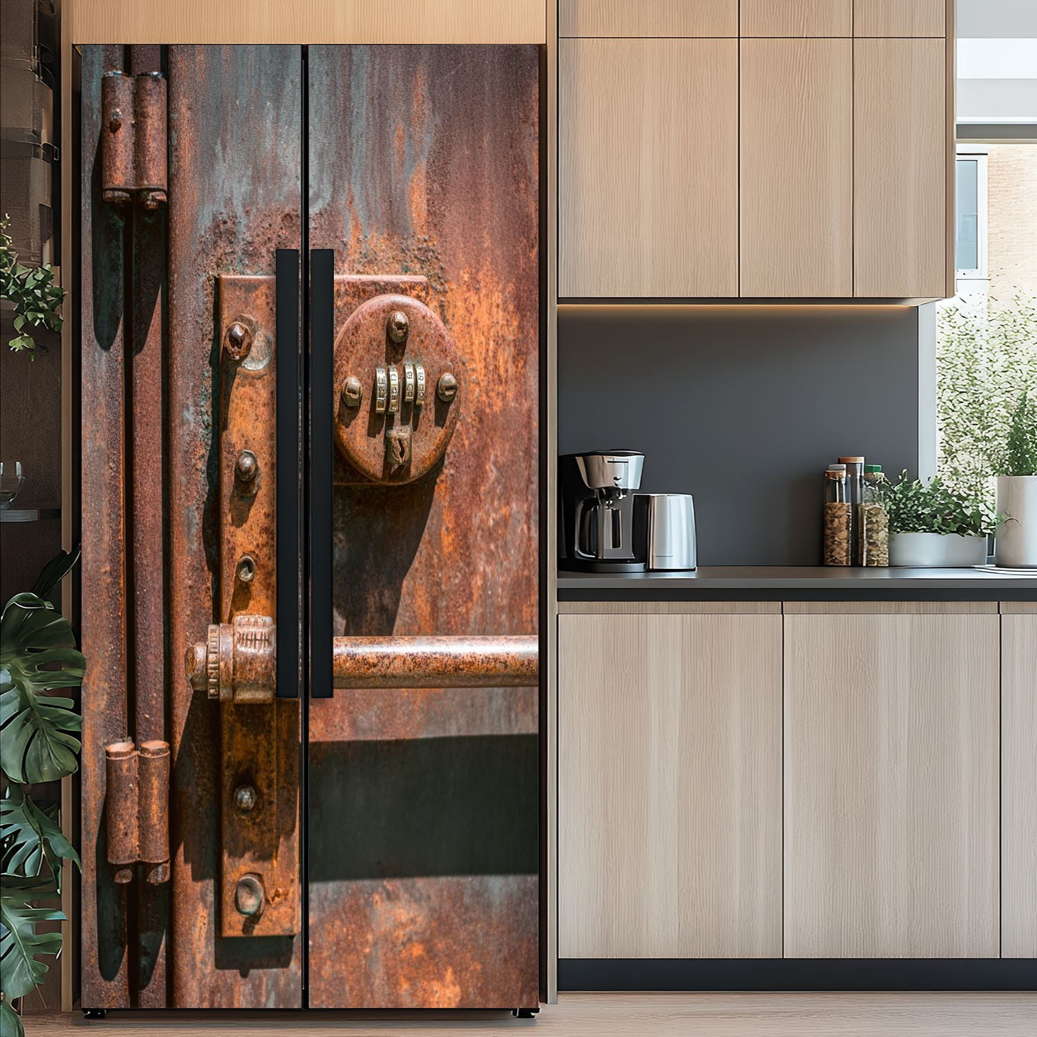 Self Adhesive Vinyl Refrigerator Wrap Set Vintage Rusty Bank Safe Door Mural Removable Fridge Sticker Peel and Stick&nbsp;Full Door Cover Decal Kitchen Bar Decor