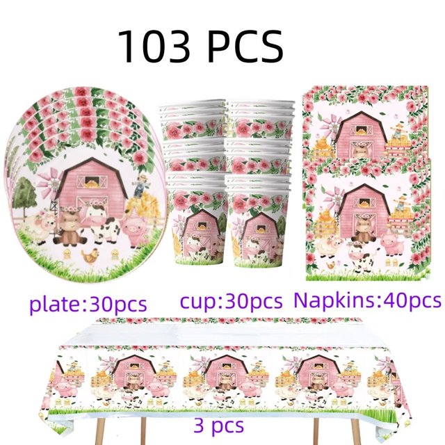 Decoraciones de cumpleaños con temática de granja rosa, vajilla desechable para compartir bebés, mantel de animales de dibujos animados, suministros de fiesta para niños
