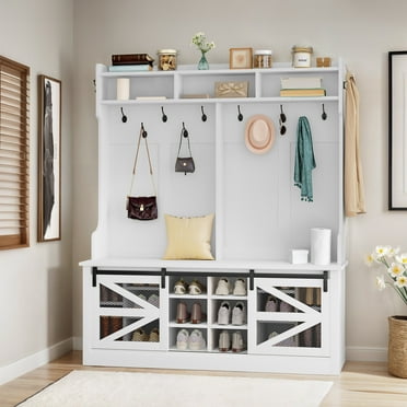 WooFlex Hall Tree Coat Rack with Shoe Storage Bench Cabinet with Hooks 4 in 1 Design, White