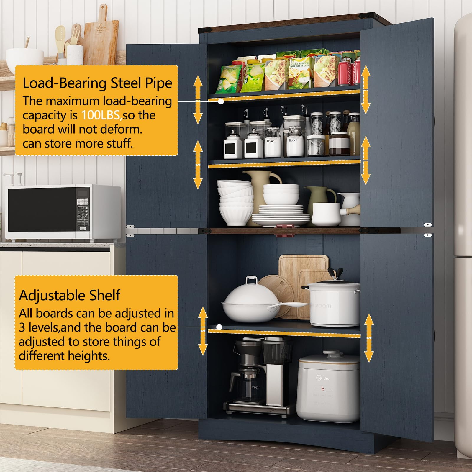 ChVans 71" Tall Farmhouse Kitchen Pantry with Adjustable Shelves, 5 Layers Pantry Storage Cabinet with Load-Bearing Steel Pipe & 4 Barn Doors for Kitchen, Dining Room, Living Room, (Blue-71")