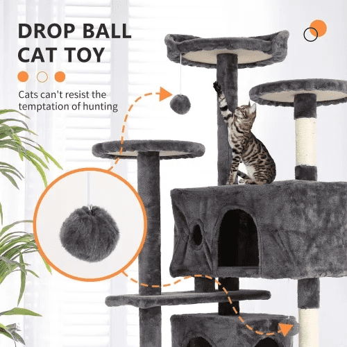 BORGEBY 54in Cat Tree Tower for Indoor Cats，Multi-Level Pet Furniture with Sisal Scratching Post, Large Cozy Condo, Climbing Ramp, Kitten Toy（Light Gray）