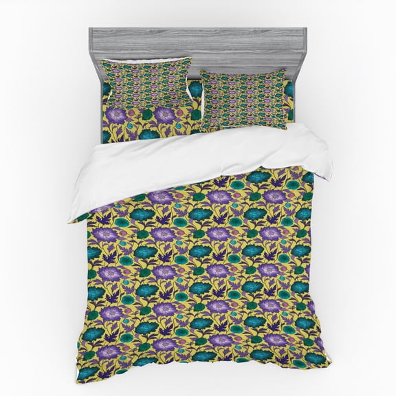 Floral Duvet Cover Set, Spring Themed Repeating Vintage Pattern with Colorful Abstract Flowers Leaves, Bedding Set with Shams and Fitted Sheet, 3 Sizes, by Ambesonne