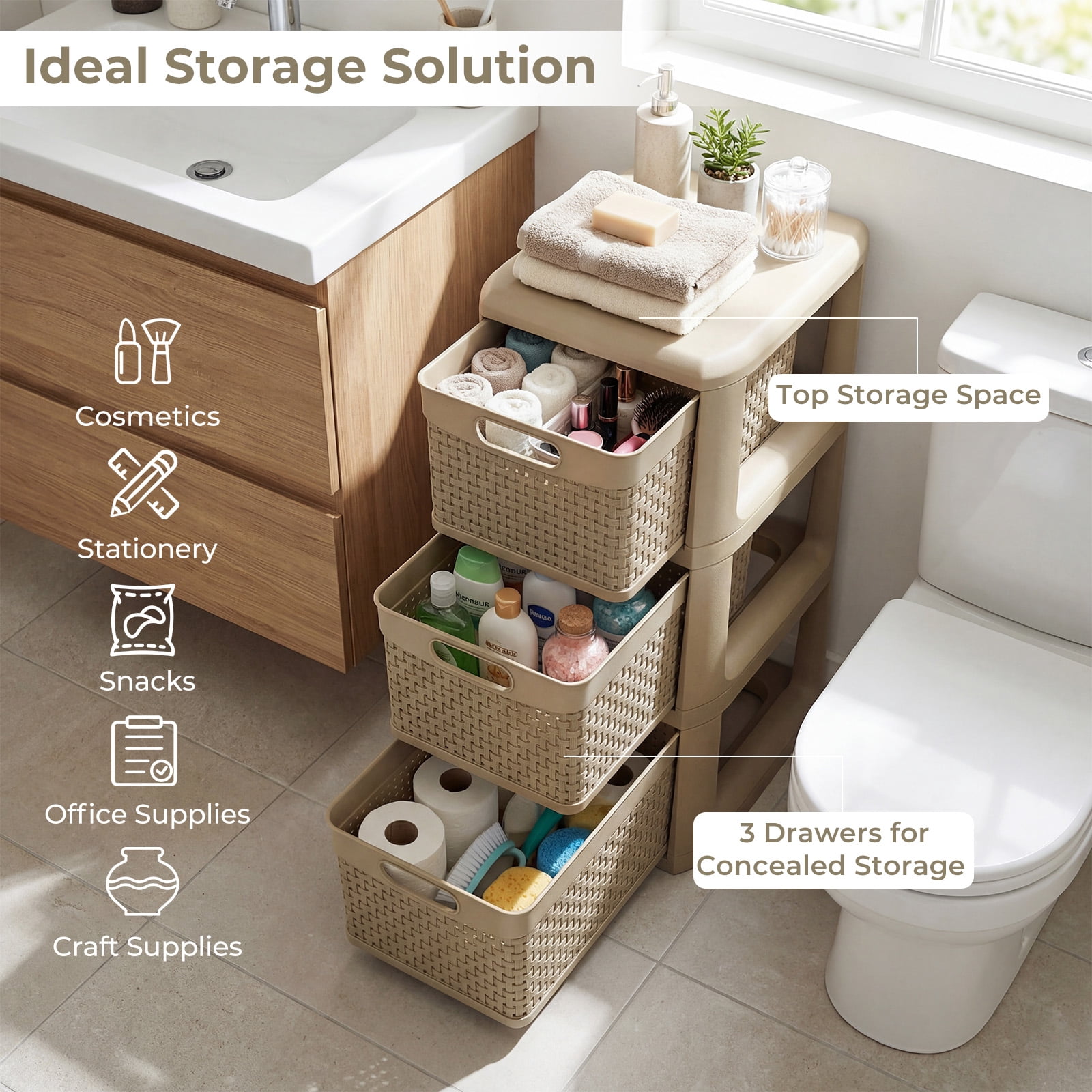 Costway 1 PCS 3-Drawer Storage Cabinet with Wicker Patterns, Handles for Bedroom, Bathroom Tan