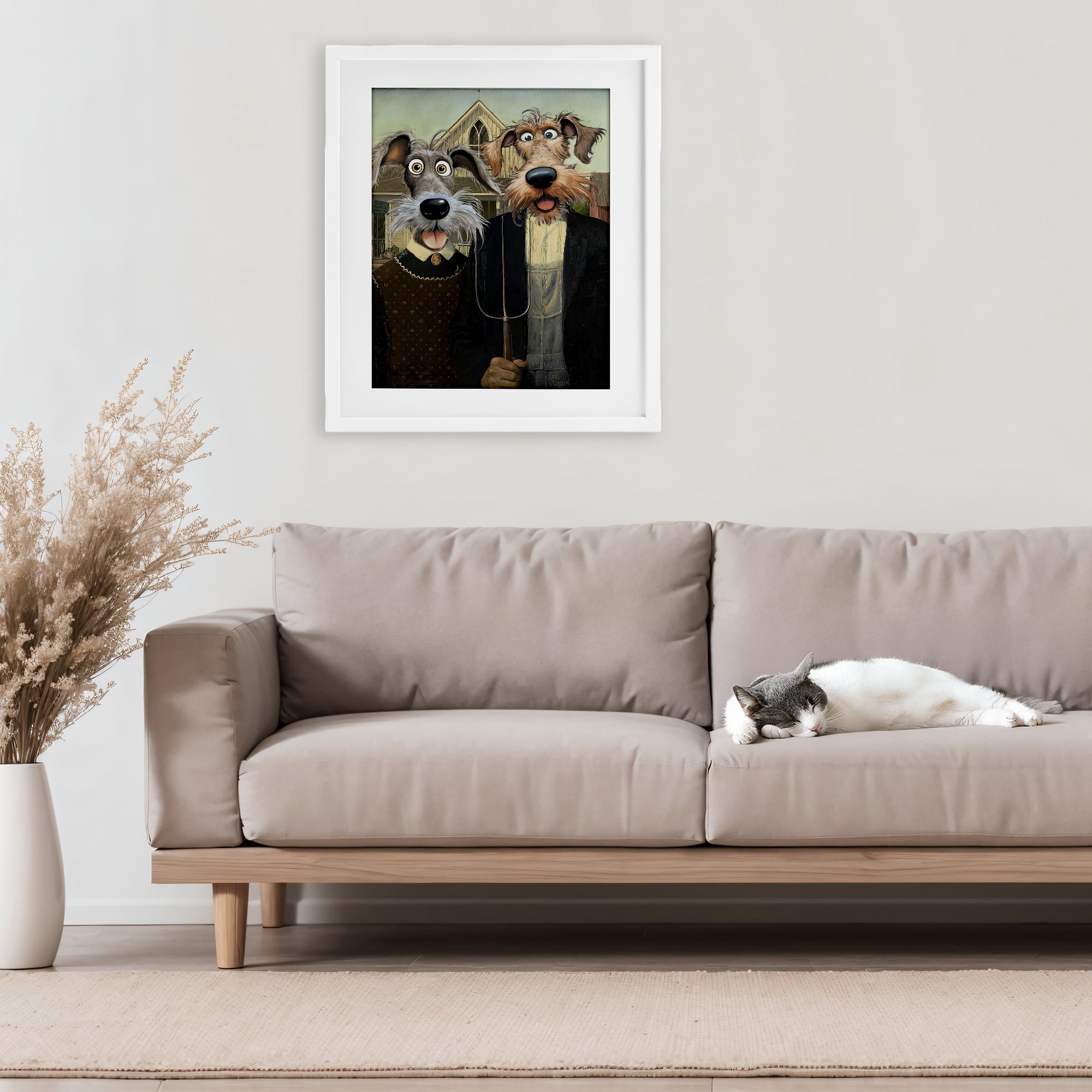 Stupell Industries American Gothic Pups White Framed Print Under Glass, design by Tina LeCour