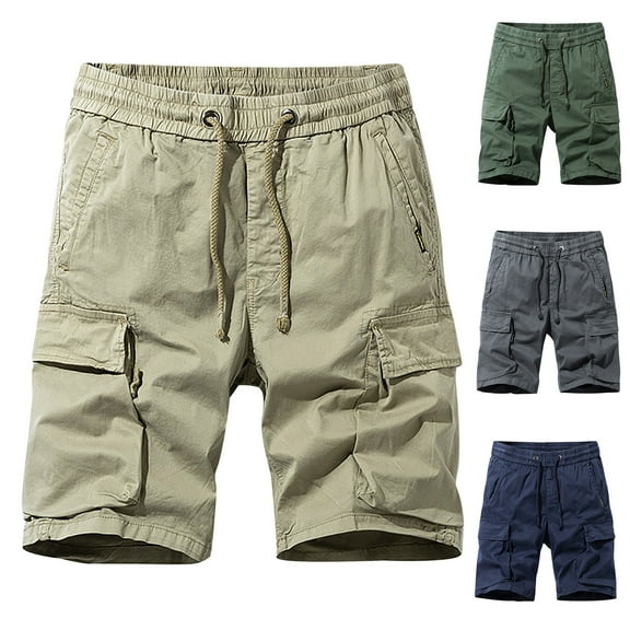 BADHUB Drawstring Cargo Shorts for Men with Multi Pocket Elastic Waist Heavy-Duty Work Shorts Stretch Ripstop Hiking Travel Shorts Khaki XL