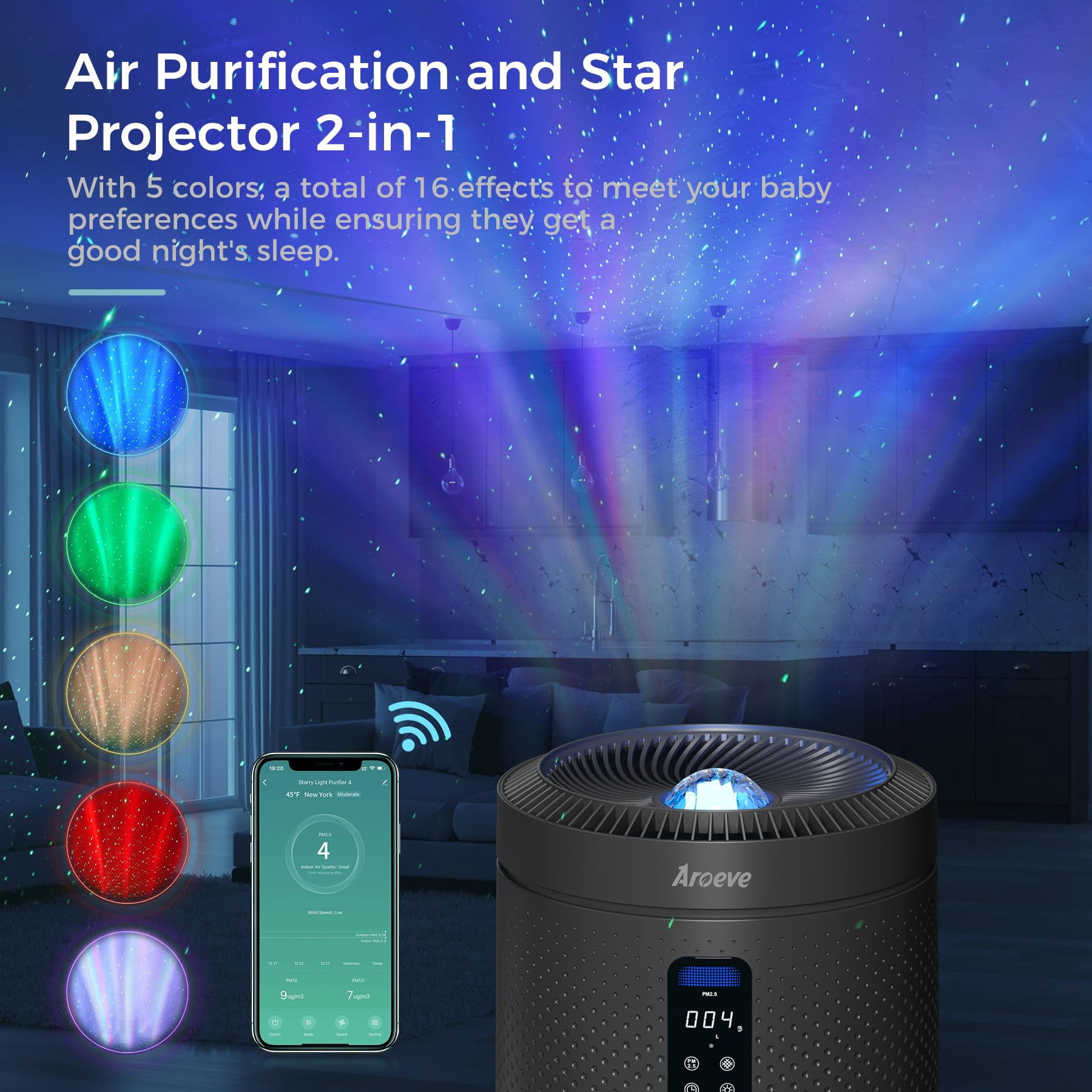 AROEVE Air Purifiers for Home Large Room up to 1782Ft² with Star Projector, Smart WIFI, Air Quality Sensor, UV, Washable Filter for Bedroom Whole Home, MK09W Space Grey
