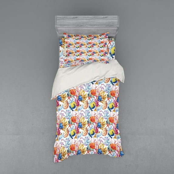Ambesonne Fish Bedding Set 3 Pcs, Coral Reef Scallop Shells, Twin XL, Multicolor