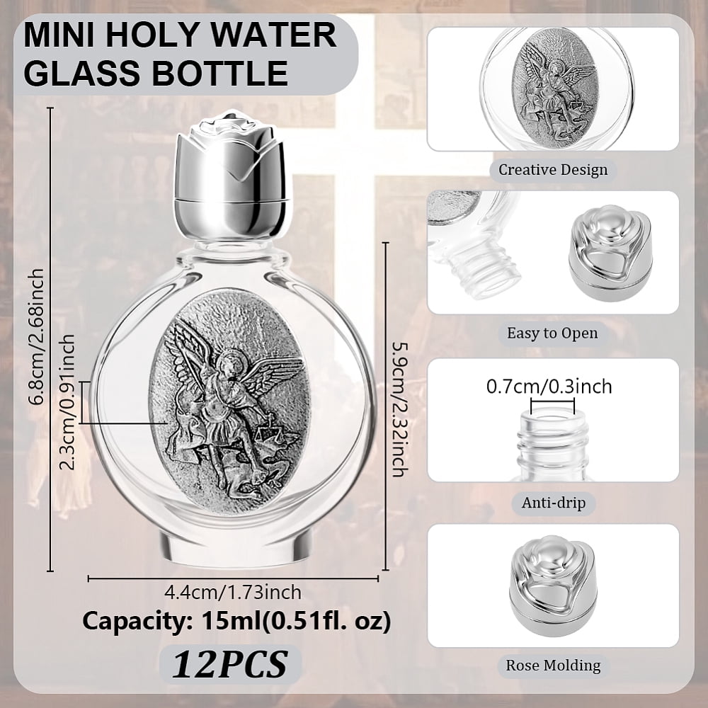 12 Pcs Holy Water Bottles 0.5 Floz Embossed Portable Empty Glass Travel Bottles with Lid Little Bottle Church Decorations Silver