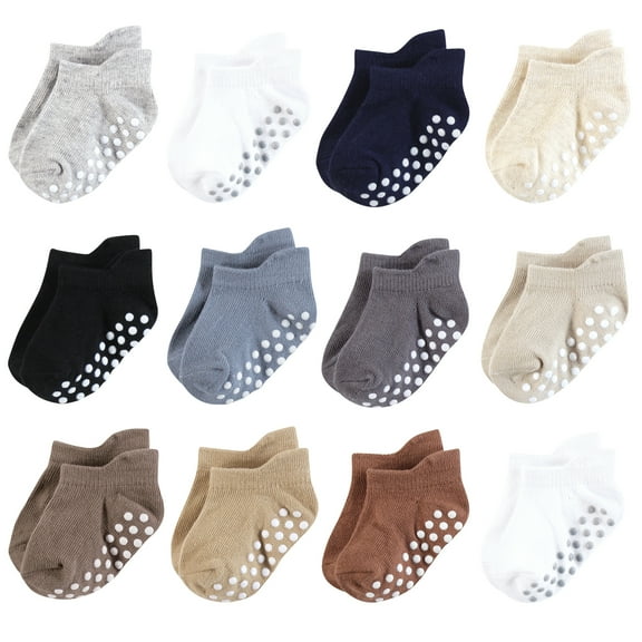 Hudson Baby Unisex Non-Skid No-Show Socks, Navy Neutrals, 0-6 Months