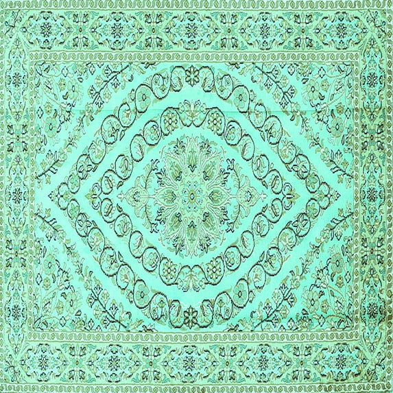 Ahgly Company Machine Washable Indoor Square Medallion Turquoise Blue Traditional Area Rugs, 6' Square