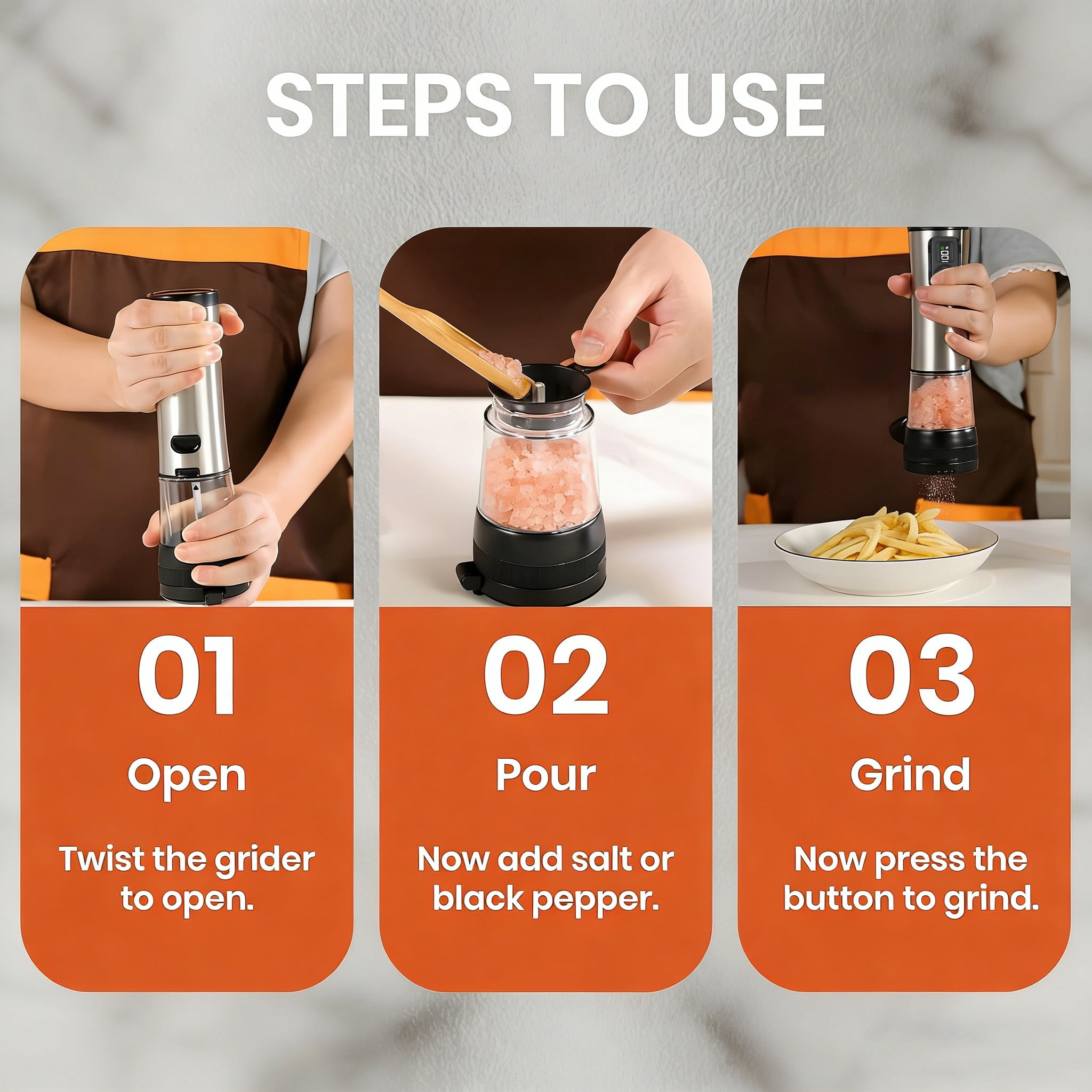 Electric Salt and Pepper Grinder Set - Ceramic Grinder, Automatic Mills, Rechargeable Base with Battery Indicator, Stainless Steel Shakers, 5-Level Coarseness Adjustment for Modern Kitchen