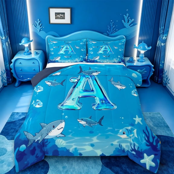 meiyoeat Cute Shark Monogram A Full Size Comforter Sets For Boys,Ocean Theme Bedding Comforter Set,Navy Blue Reversible,3-Piece,1 Comforter and 2 Pillowcases