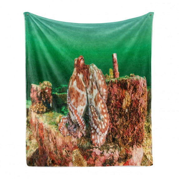 Ocean Soft Flannel Fleece Blanket, Large Octopus Hiding on Manmade Debris in Dark Murky Water Tropical Wild Picture, Cozy Plush for Indoor and Outdoor Use, 70" x 90", Green Brown Red, by Ambesonne
