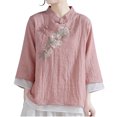 thumbnail image 2 of Dazajoo Vintage Chinese Style Tops for Women Frog Button Blouses Summer Casual 3/4 Cotton Linen Shirts,Pink,XXL, 2 of 5