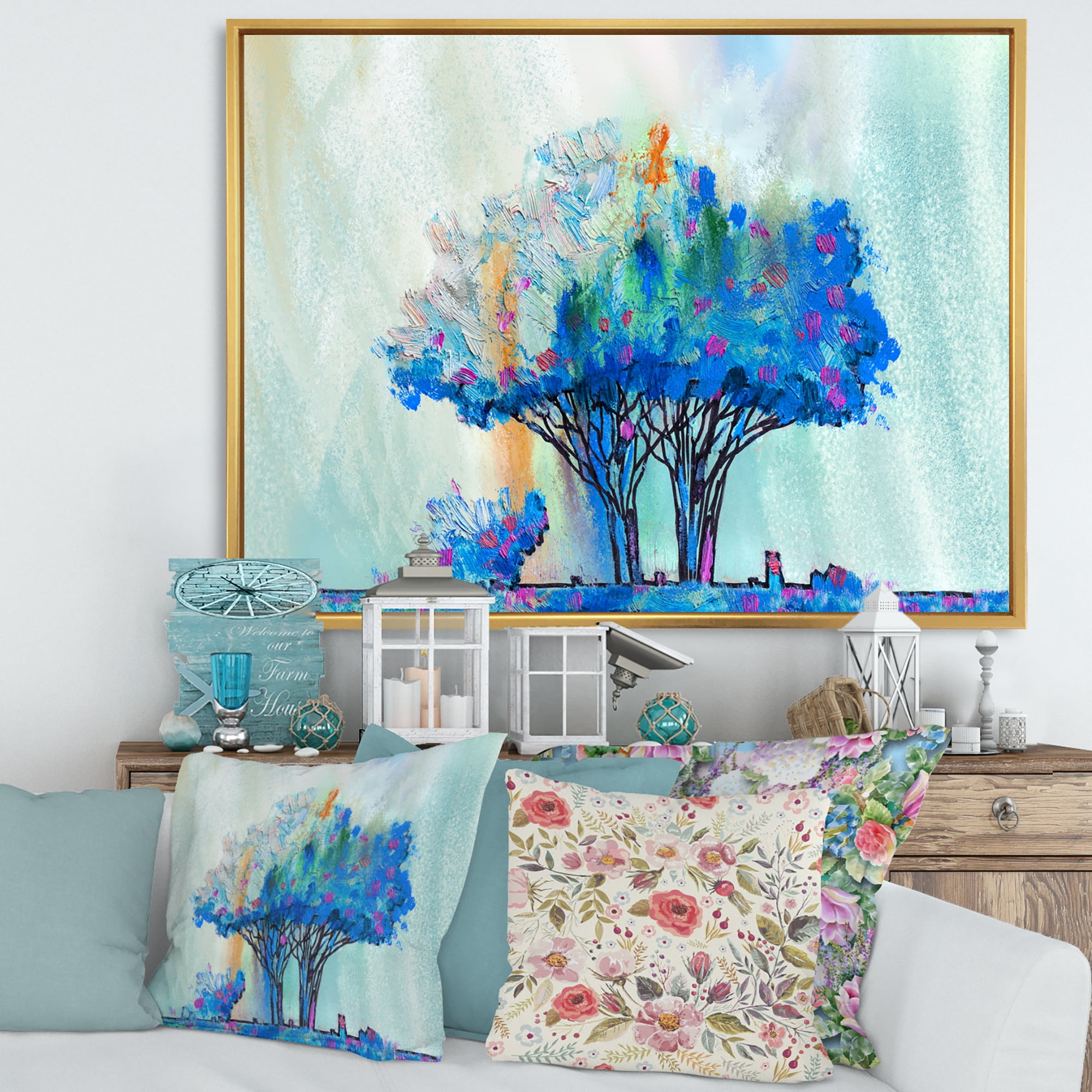 Designart 'Blue Coloured Tree Abstract Impression I' Modern Framed Canvas Wall Art Print