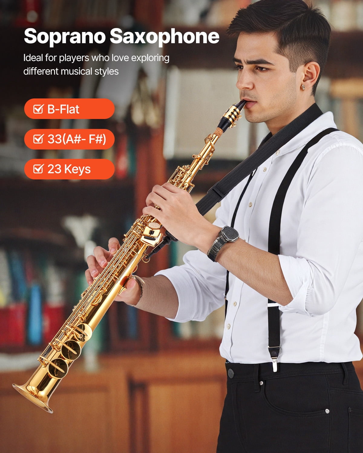 VEVOR Straight Soprano Saxophone, B Flat, Brass Saxophone Beginner Kit with Carrying Case, Mouthpiece, Cleaning Cloth Rod, Gloves, Neck Strap, 23 Keys Soprano Sax Kit, for Beginners Students, Gold