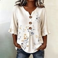 thumbnail image 2 of OOOUM Woman 3/4 Sleeve Blouse Modern Fit Print Ruffle V Neck Basic Tops Stylish Comfortable Outfits Tees White, 2 of 4