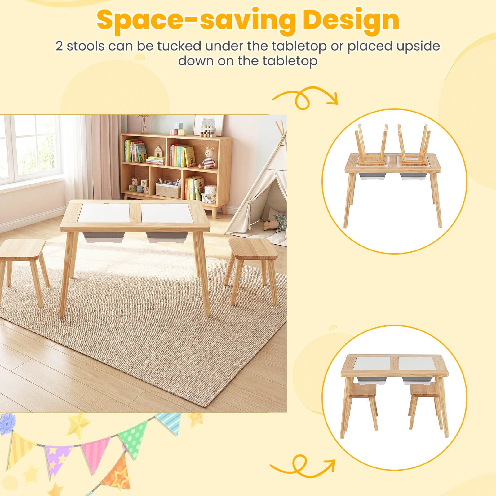 Costway Sensory Table Kid’s Table and Chairs Set with Detachable Double-Sided Tabletops Natural + White + Black