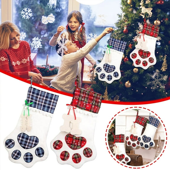 Yhmxh Christmas Stockings, Hanging Cat Dog Stockings Christmas with Large Paw for Christmas Tree Decorations, Pet Stocking Christmas, Plaid Xmas Stockings for Dogs Cats for Fireplace Tree 11"x19.8"