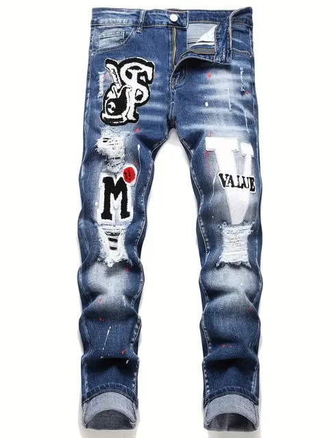 ICON gescheurde slim fit stretch heren jeans met bleekvlekjes Zwa