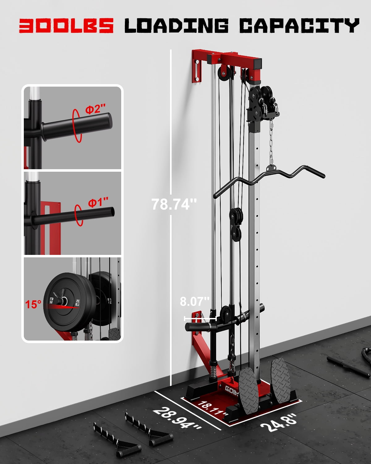Mitonos Cable Crossover Machine, Wall Mount LAT Pull Down Machine with 18 Positions Dual Pulley System with Removable Footplate for Garage Home Gym