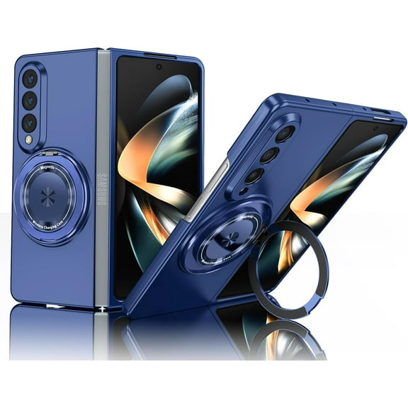 Magnetic Case for Samsung Galaxy Z Fold 4 Case with Kickstand & Ring Holder, [Compatible with MagSafe Charging] Slim Ultra PC Back Scratch-Resistant Military Grade Shockproof Case, Blue